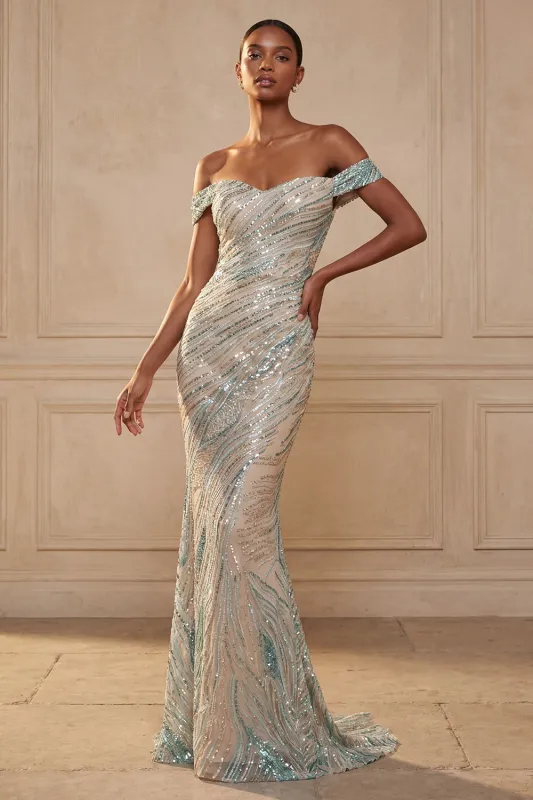 Sparkly Off the Shoulder Mermaid Blue Sequins Long Prom Dress made by Zapaka