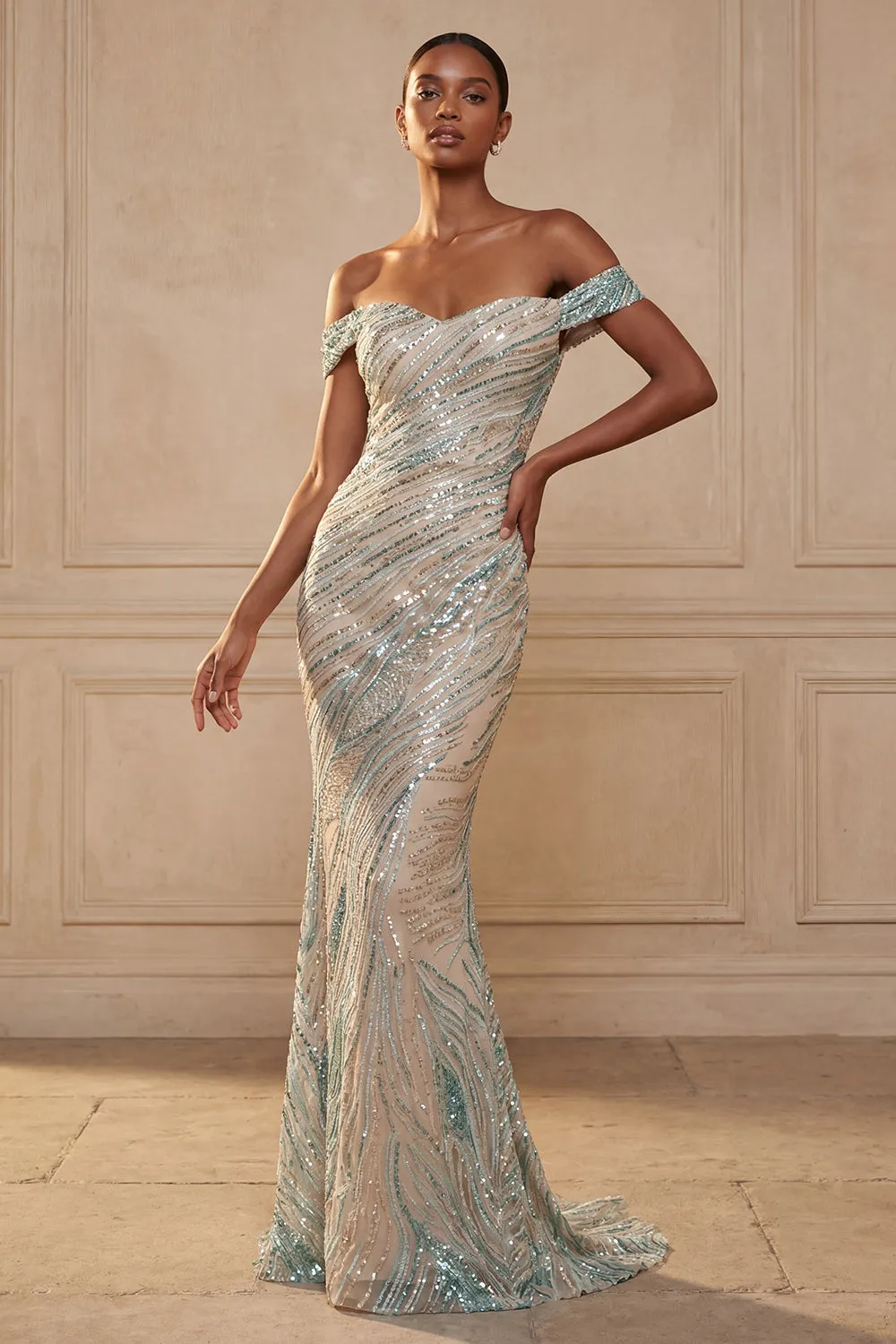 Sparkly Off the Shoulder Mermaid Blue Sequins Long Prom Dress sold by Zapaka