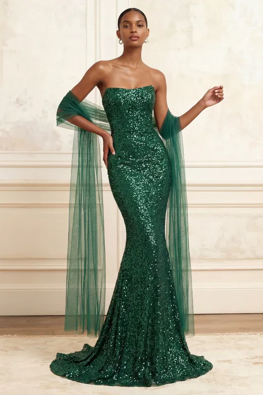 Sparkly Dark Green Mermaid Strapless Sequins Long Prom Dress with Cape made by Zapaka
