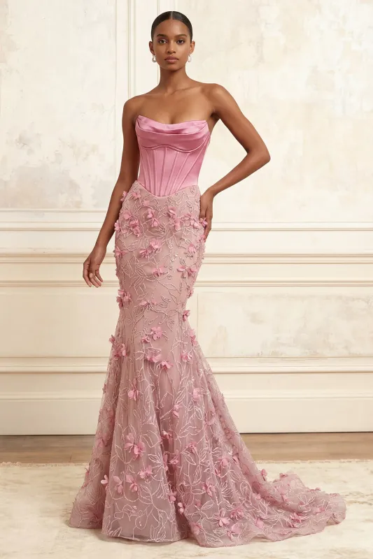 Mermaid Pink Strapless Corset Ruched Basque Waist Long Prom Dress with 3D Flowers made by Zapaka