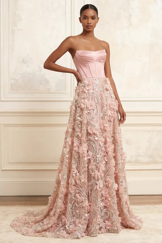 Blush A-Line Strapless Corset Sequins Floral Long Prom Dress with 3D Flowers made by Zapaka