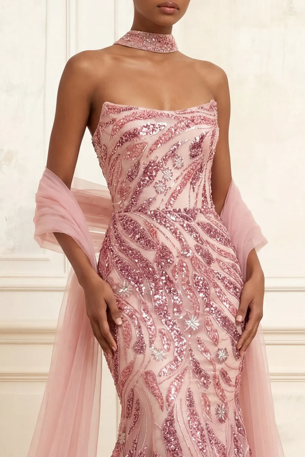 Sparkly Pink Mermaid Strapless Sequins Long Prom Dress with Cape sold by Zapaka product image thumbnail 3