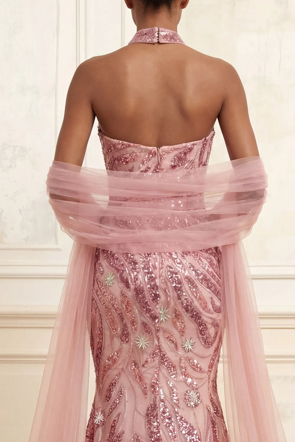 Sparkly Pink Mermaid Strapless Sequins Long Prom Dress with Cape sold by Zapaka product image thumbnail 4