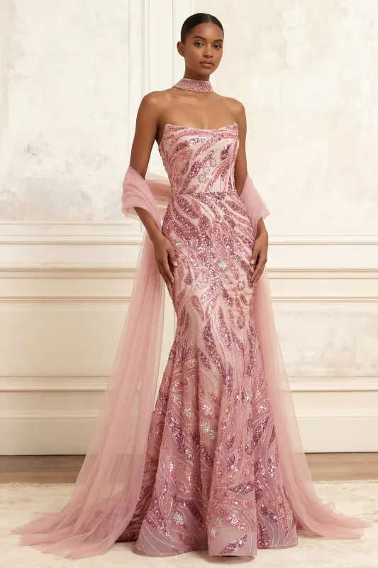 Sparkly Pink Mermaid Strapless Sequins Long Prom Dress with Cape made by Zapaka