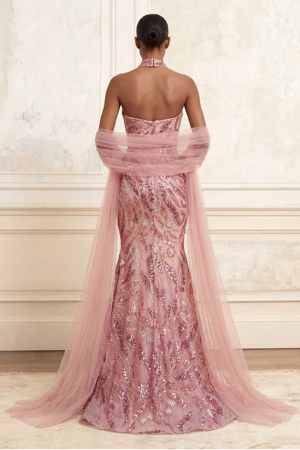 Sparkly Pink Mermaid Strapless Sequins Long Prom Dress with Cape sold by Zapaka product image thumbnail 2