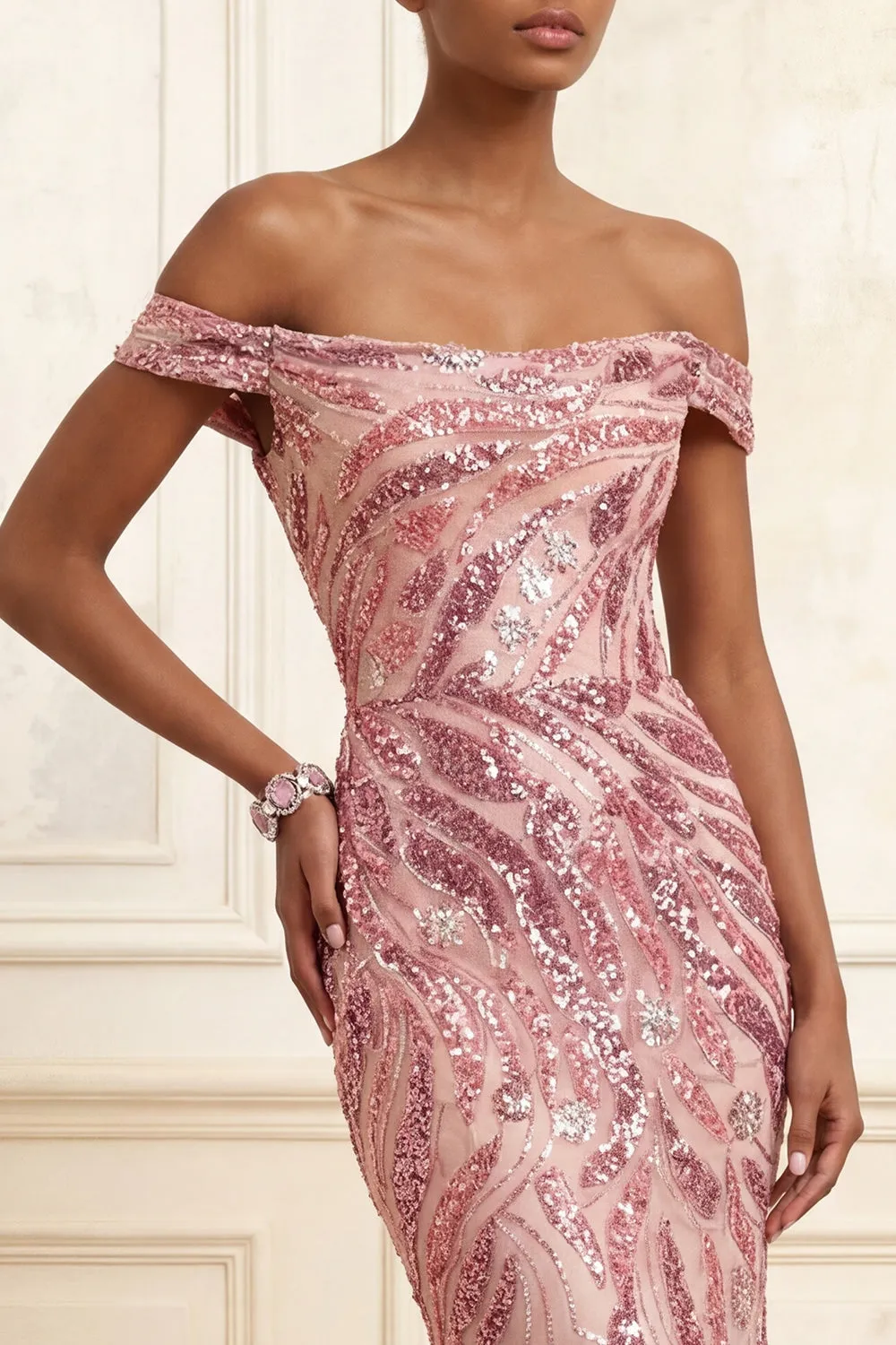 Sparkly Off the Shoulder Pink Mermaid Sequins Long Prom Dress sold by Zapaka product image thumbnail 3