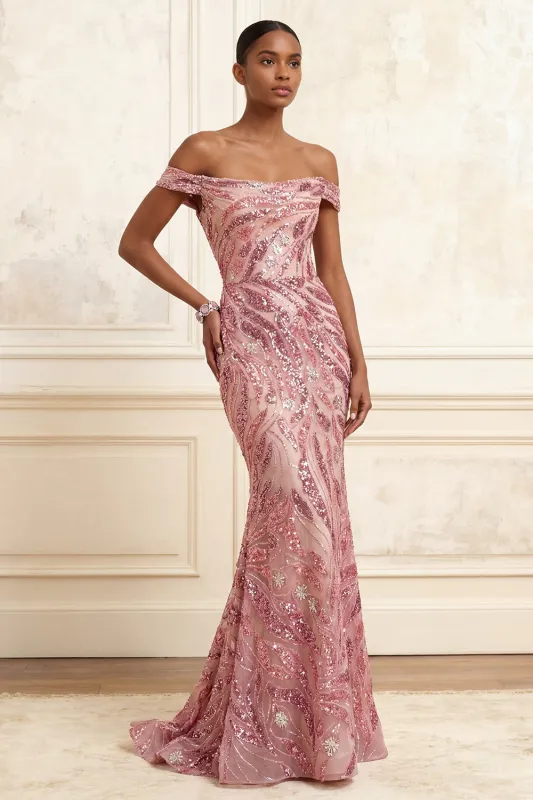 Sparkly Off the Shoulder Pink Mermaid Sequins Long Prom Dress made by Zapaka