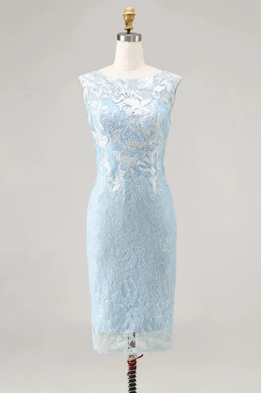 Light Blue 2 Piece Lace Bodycon Floral Midi Mother of the Bride Dress made by Zapaka