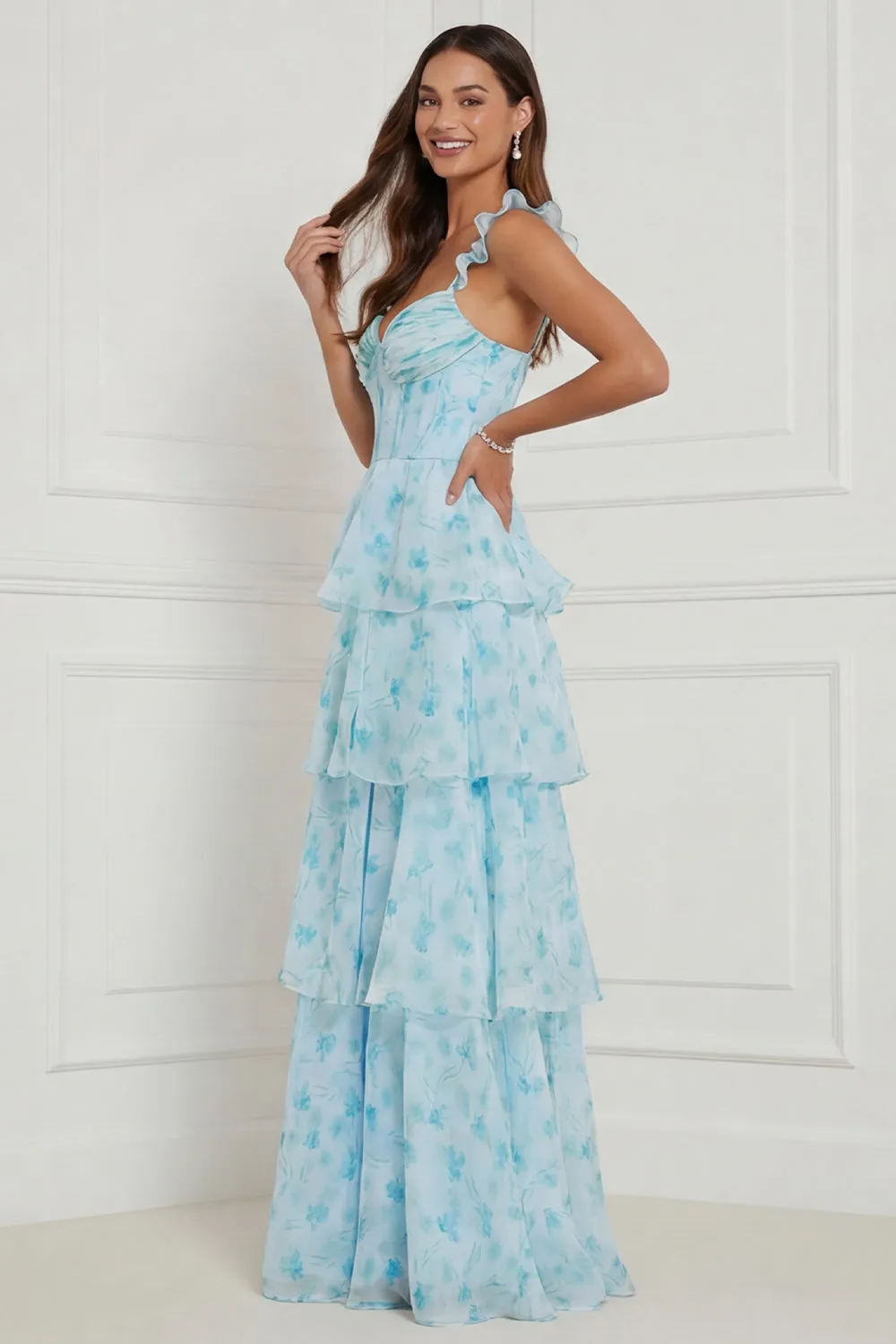 Blue A Line Ruffled Corset Long Floral Dress with Slit sold by Zapaka product image thumbnail 3