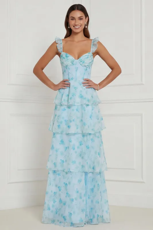 Blue A Line Ruffled Corset Long Floral Dress with Slit made by Zapaka