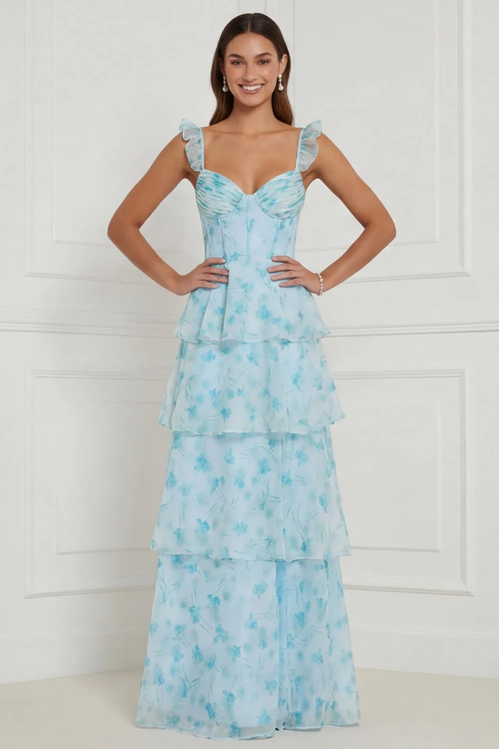 Blue A Line Ruffled Corset Long Floral Dress with Slit sold by Zapaka