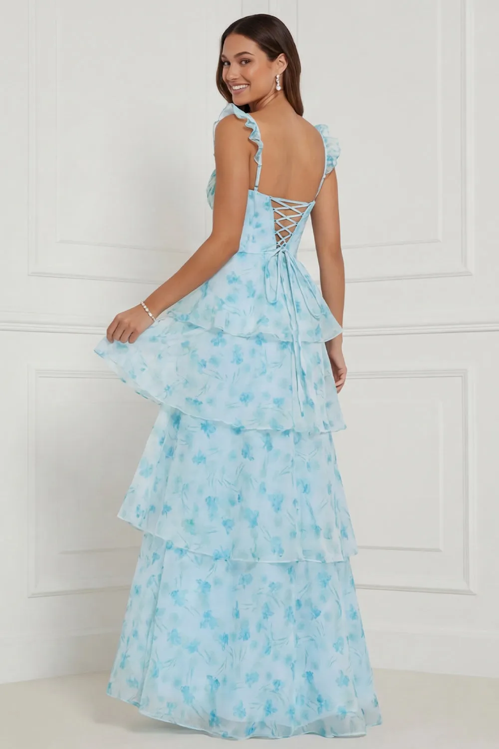 Blue A Line Ruffled Corset Long Floral Dress with Slit sold by Zapaka product image thumbnail 2