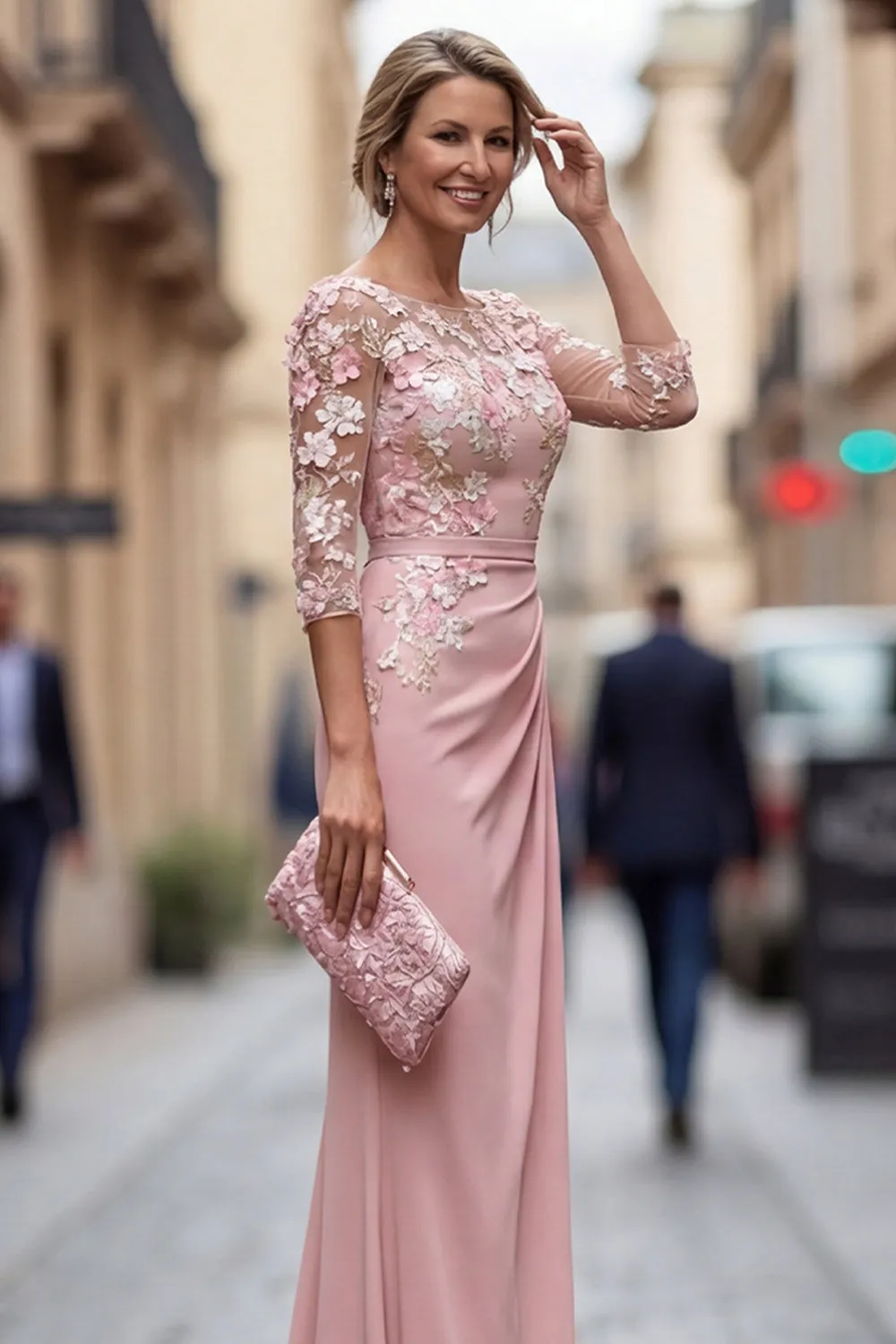 Blush Sheath Bateau Neck Floral Ruched Long Mother Of the Bride Dress with Appliques sold by Zapaka product image thumbnail 3