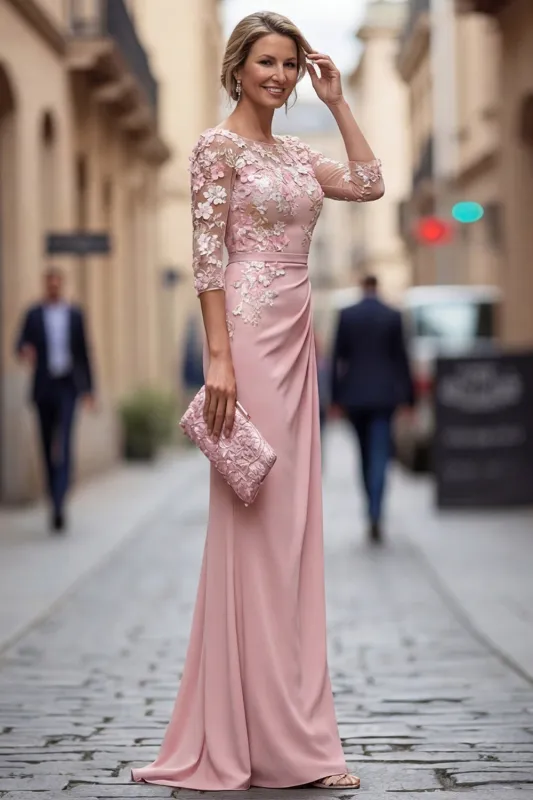 Blush Sheath Bateau Neck Floral Ruched Long Mother Of the Bride Dress with Appliques made by Zapaka