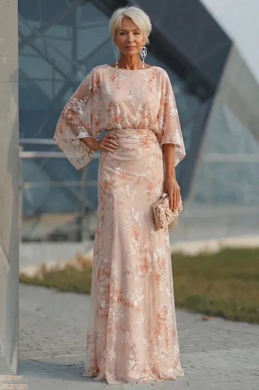 Champagne Bateau Neck Sheath Floral Long Mother Of the Bride Dress made by Zapaka