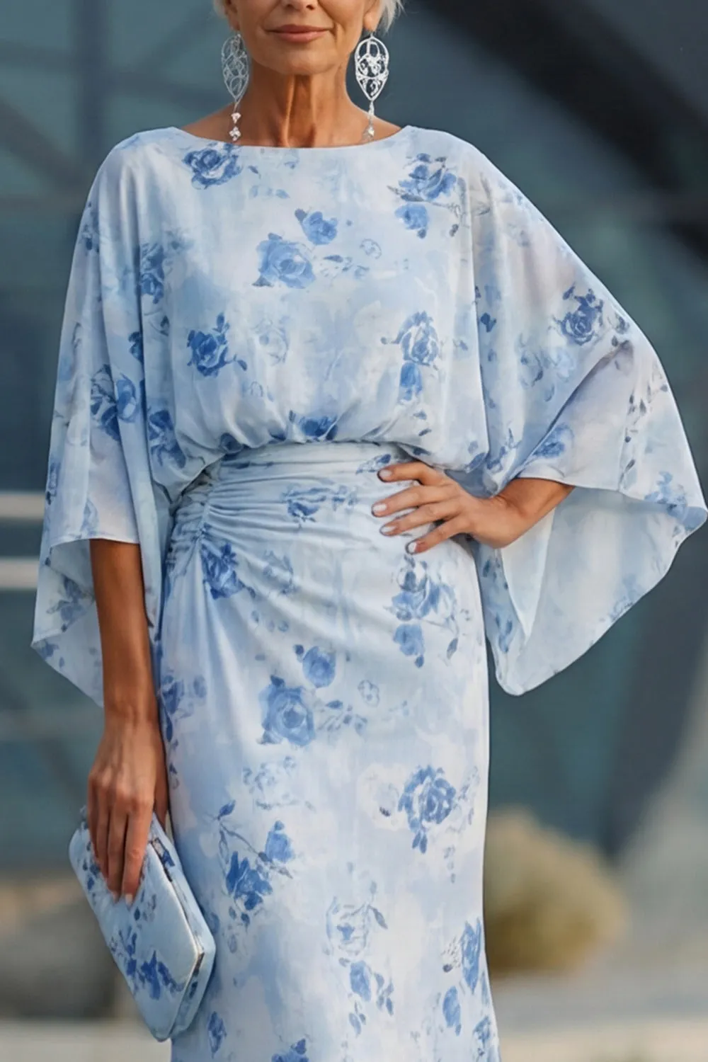 Blue Flower Bateau Neck Sheath Long Mother Of the Bride Dress with Half Sleeves sold by Zapaka product image thumbnail 4