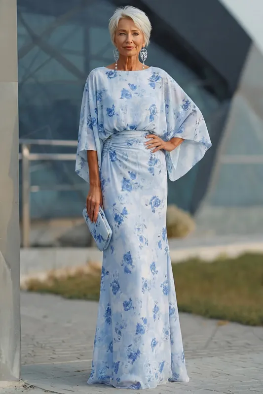 Blue Flower Bateau Neck Sheath Long Mother Of the Bride Dress with Half Sleeves made by Zapaka
