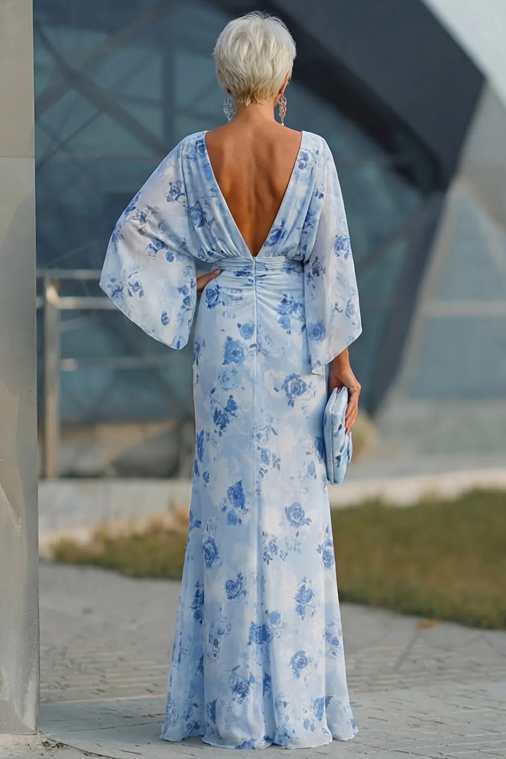 Blue Flower Bateau Neck Sheath Long Mother Of the Bride Dress with Half Sleeves sold by Zapaka product image thumbnail 2