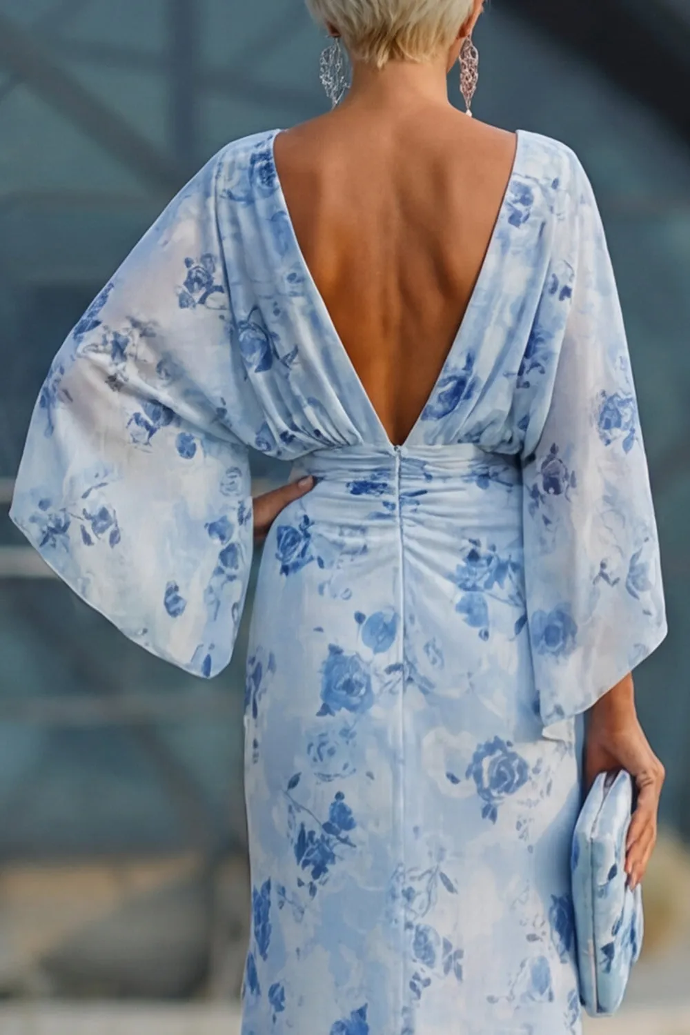 Blue Flower Bateau Neck Sheath Long Mother Of the Bride Dress with Half Sleeves sold by Zapaka product image thumbnail 5