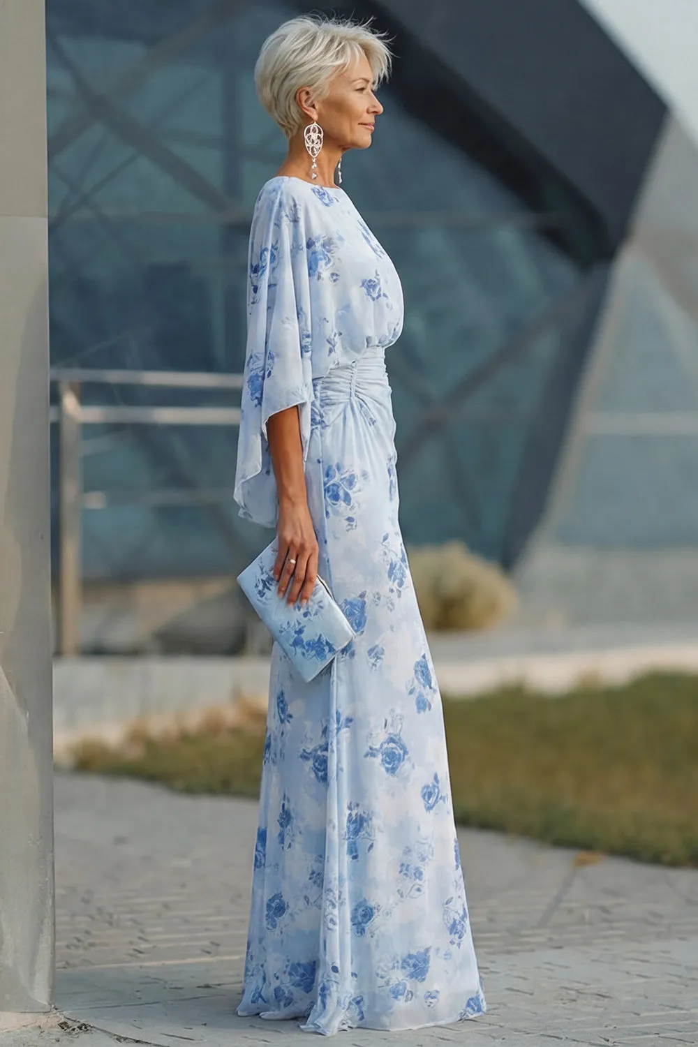 Blue Flower Bateau Neck Sheath Long Mother Of the Bride Dress with Half Sleeves sold by Zapaka product image thumbnail 3