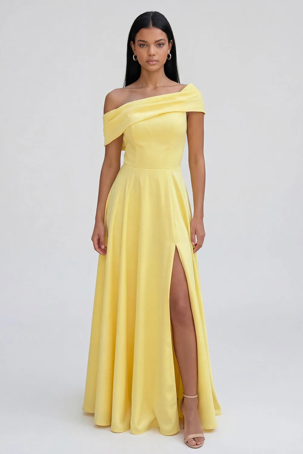 Yellow A-Line One Shoulder Maxi Dress with Slit sold by Zapaka product image thumbnail 3