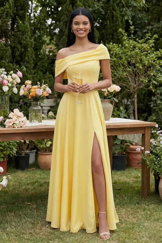 Yellow A-Line One Shoulder Maxi Dress with Slit made by Zapaka