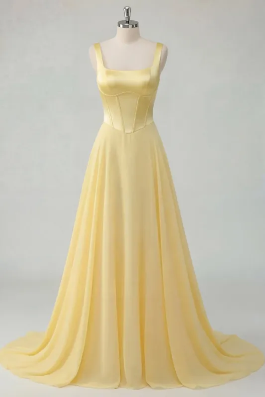 A-Line Butter Yellow Chiffon Square Neck Corset Maxi Dress made by Zapaka