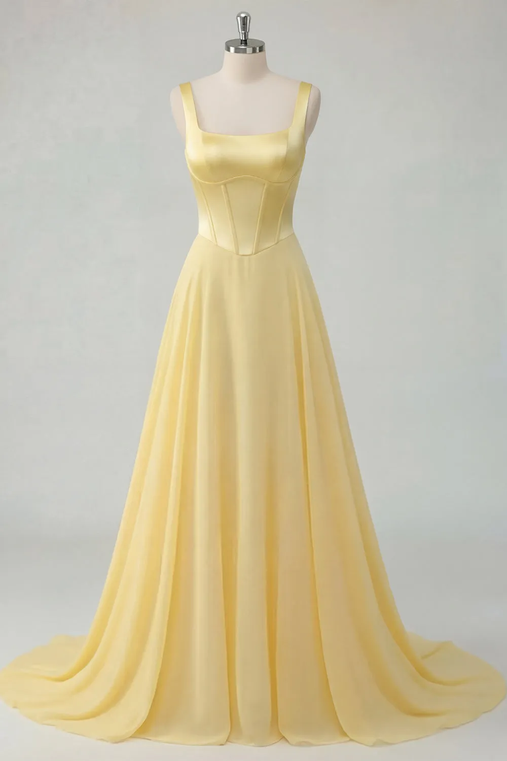 A-Line Butter Yellow Chiffon Square Neck Corset Maxi Dress sold by Zapaka