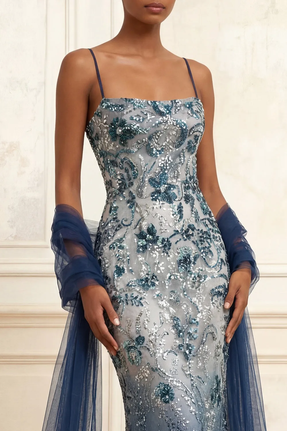 Sequin Floral Embroidery Ombre Long Prom Dress with Tulle Shawl sold by Zapaka product image thumbnail 3