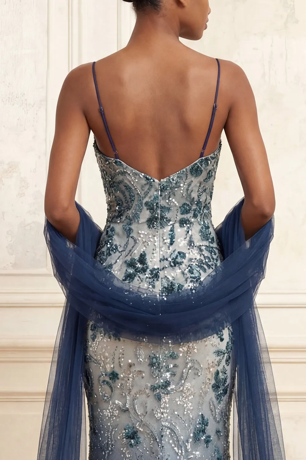Sequin Floral Embroidery Ombre Long Prom Dress with Tulle Shawl sold by Zapaka product image thumbnail 4
