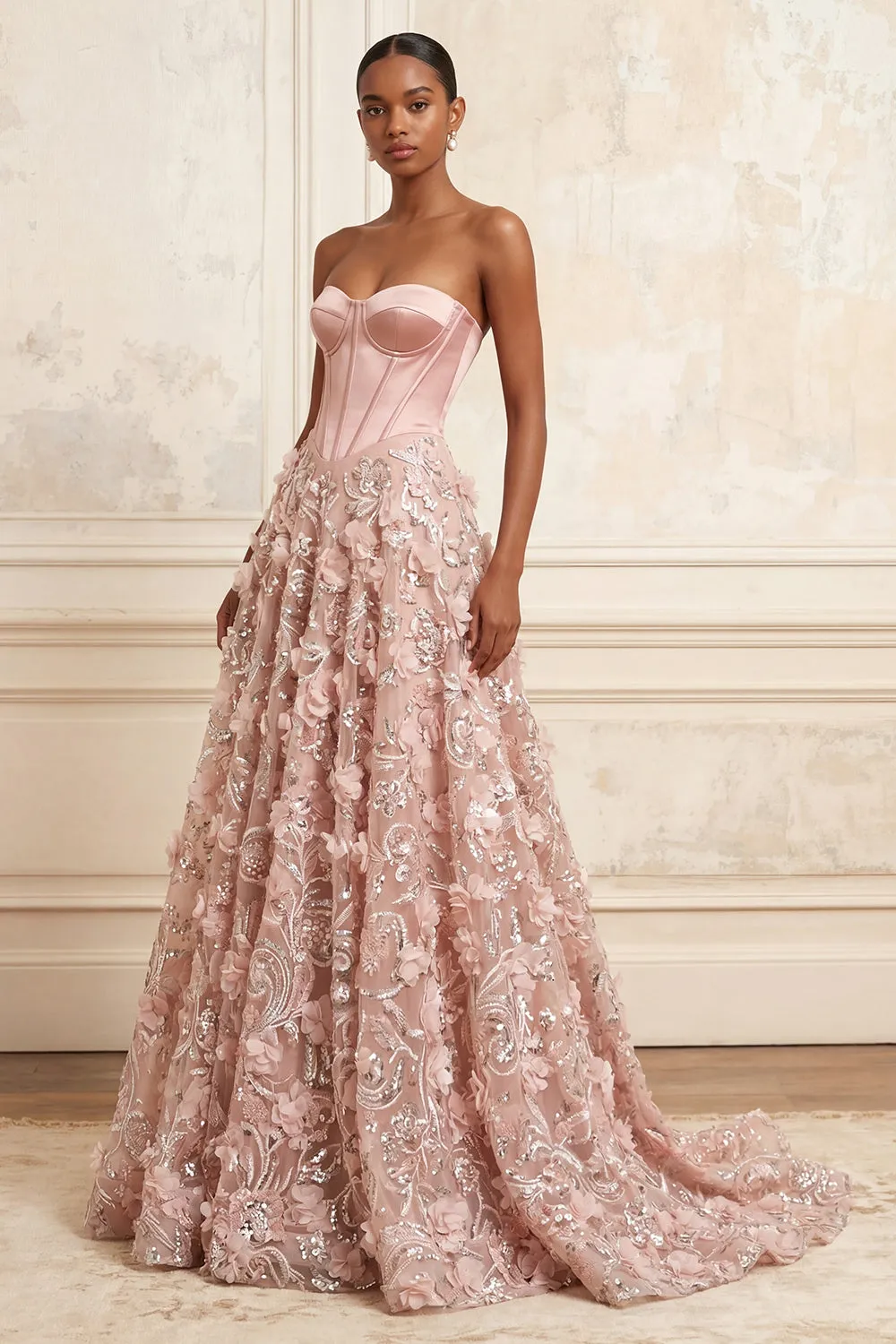 Blush A-Line Strapless Corset Sequins Appliqued Long Prom Dress with 3D Flowers sold by Zapaka