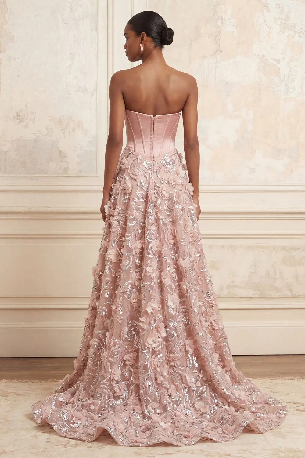 Blush A-Line Strapless Corset Sequins Appliqued Long Prom Dress with 3D Flowers sold by Zapaka product image thumbnail 2