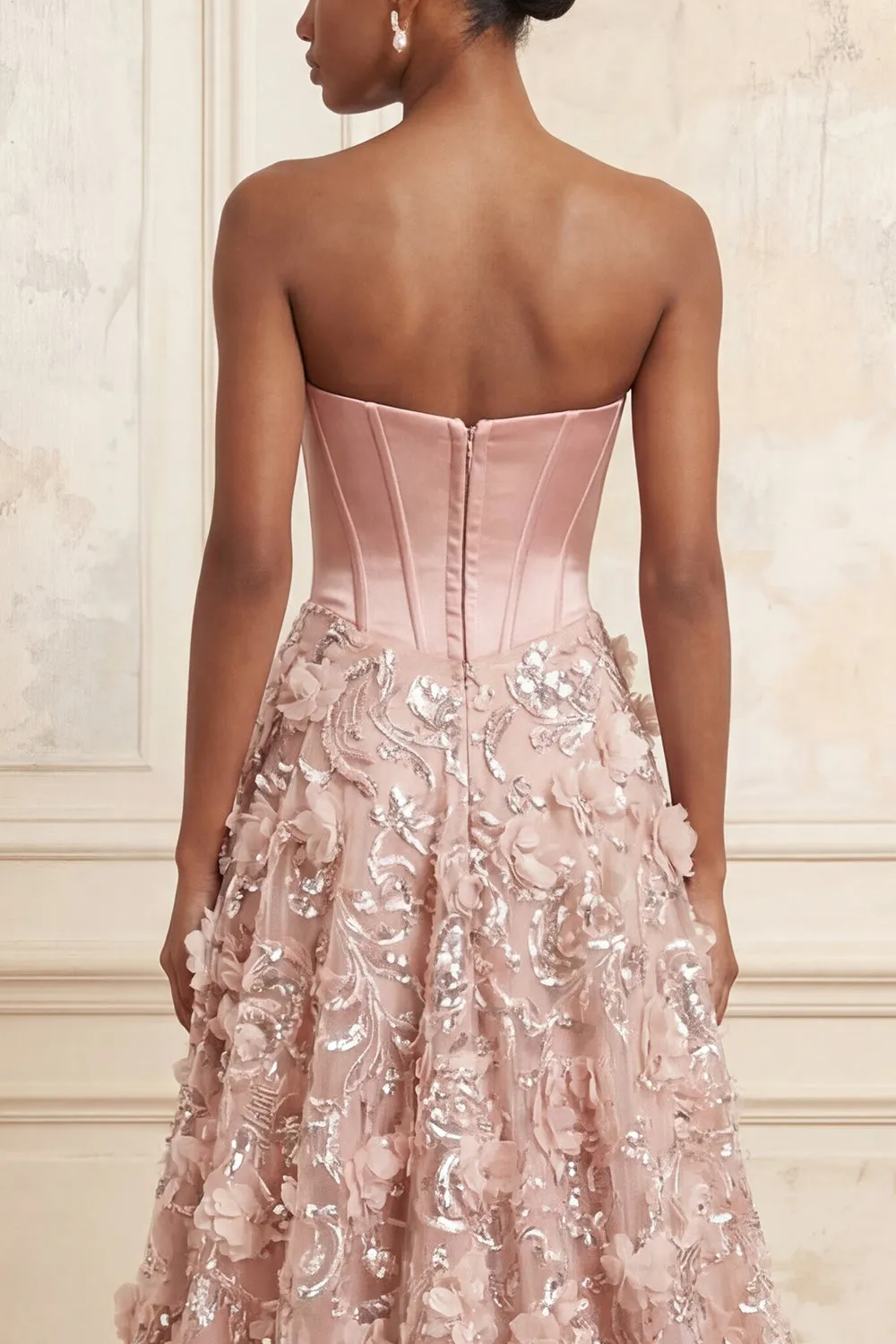 Blush A-Line Strapless Corset Sequins Appliqued Long Prom Dress with 3D Flowers sold by Zapaka product image thumbnail 4