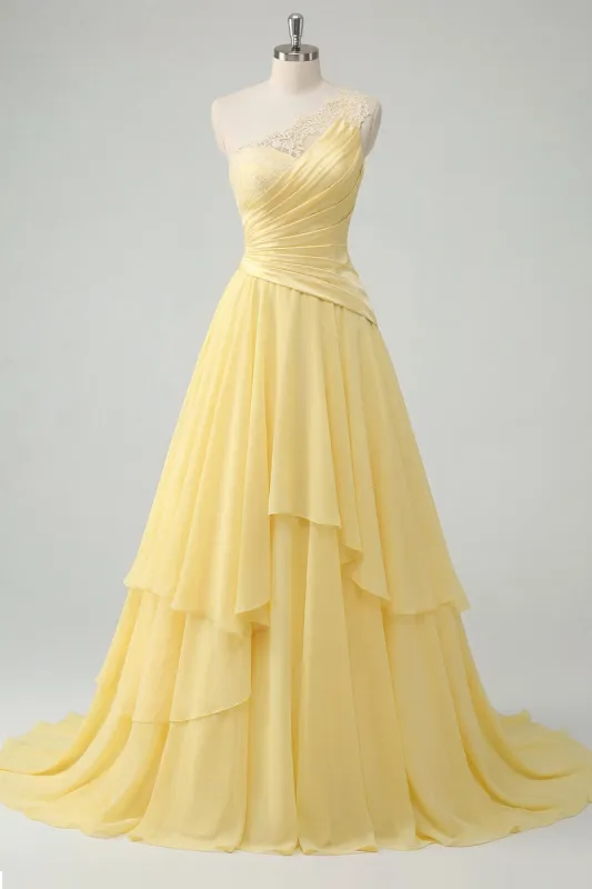 Chiffon Butter Yellow A-Line One Shoulder Ruched Maxi Dress made by Zapaka