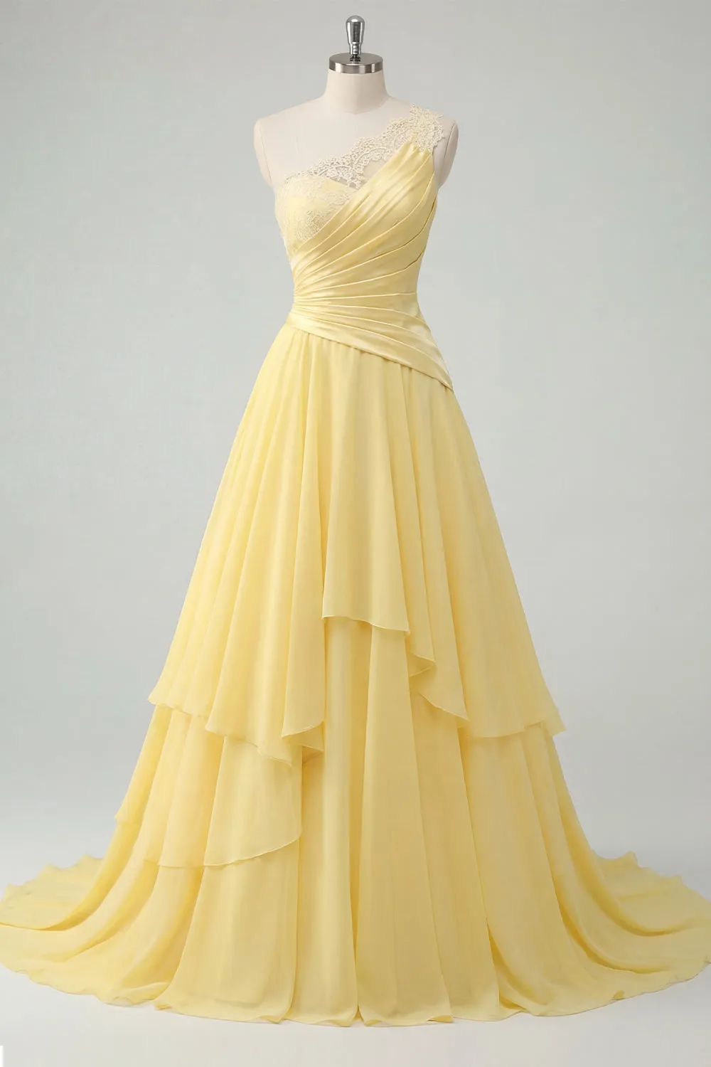 Chiffon Butter Yellow A-Line One Shoulder Ruched Maxi Dress sold by Zapaka