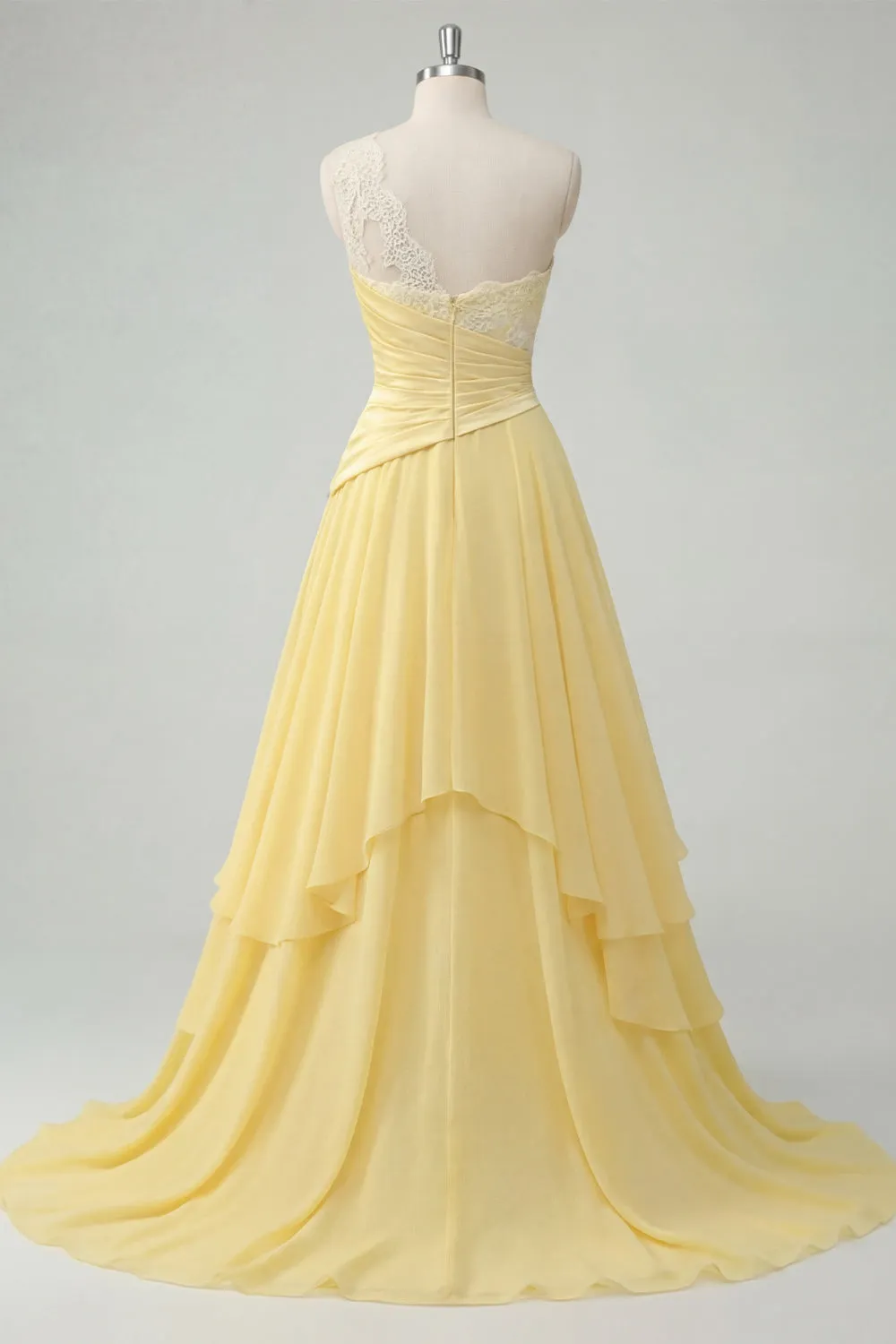 Chiffon Butter Yellow A-Line One Shoulder Ruched Maxi Dress sold by Zapaka product image thumbnail 2