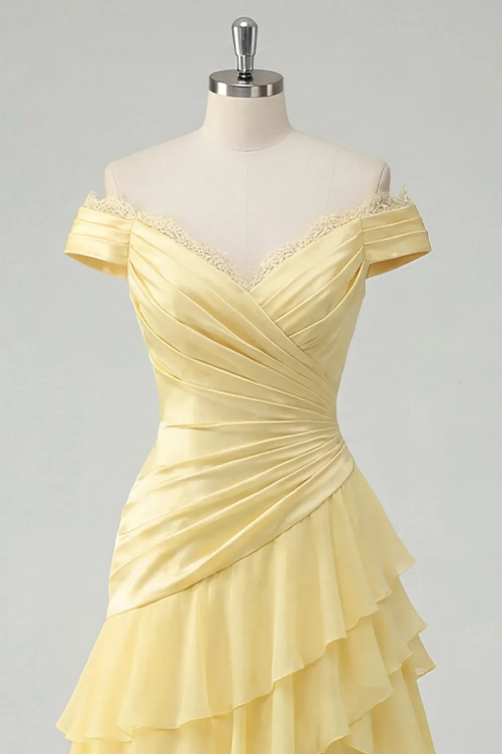 Off the Shoulder Chiffon Butter Yellow A-Line Ruched Tiered Maxi Dress with Slit sold by Zapaka product image thumbnail 3