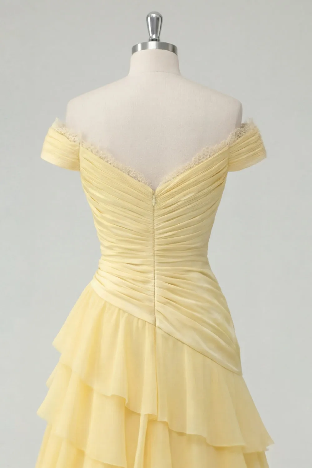 Off the Shoulder Chiffon Butter Yellow A-Line Ruched Tiered Maxi Dress with Slit sold by Zapaka product image thumbnail 4