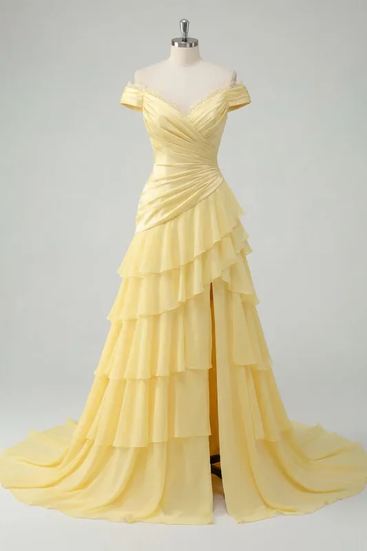 Off the Shoulder Chiffon Butter Yellow A-Line Ruched Tiered Maxi Dress with Slit made by Zapaka