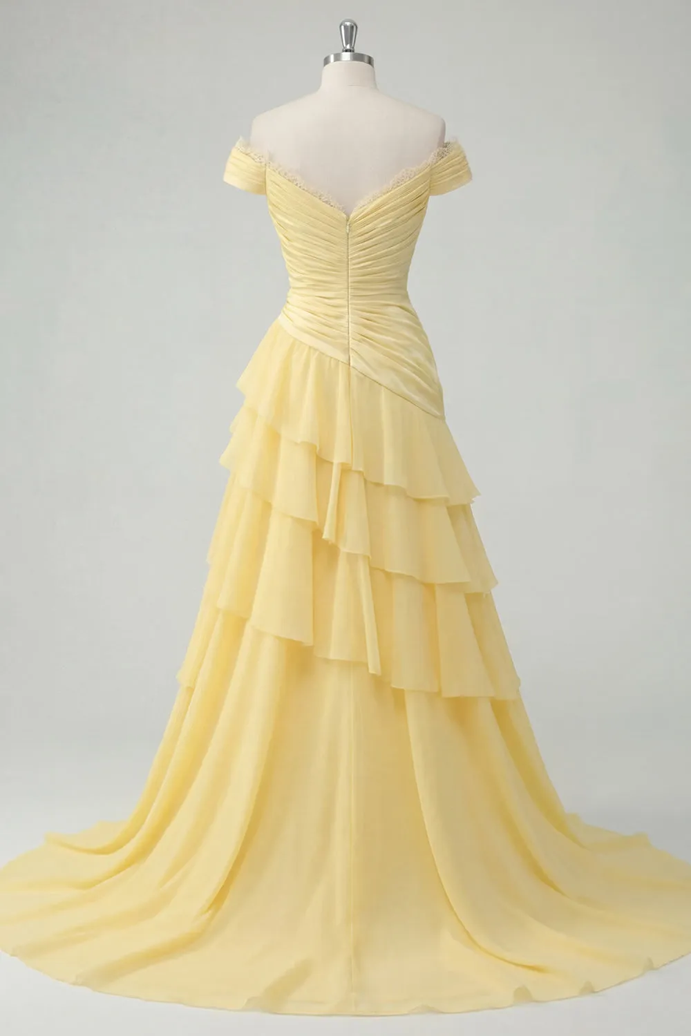 Off the Shoulder Chiffon Butter Yellow A-Line Ruched Tiered Maxi Dress with Slit sold by Zapaka product image thumbnail 2