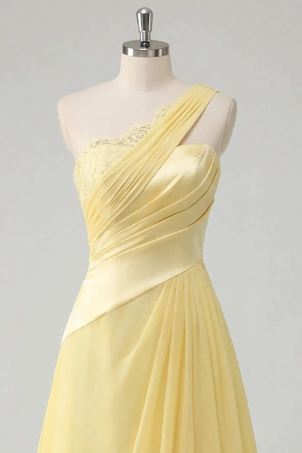 A-Line Chiffon Butter Yellow One Shoulder Ruched Maxi Dress with Slit sold by Zapaka product image thumbnail 3