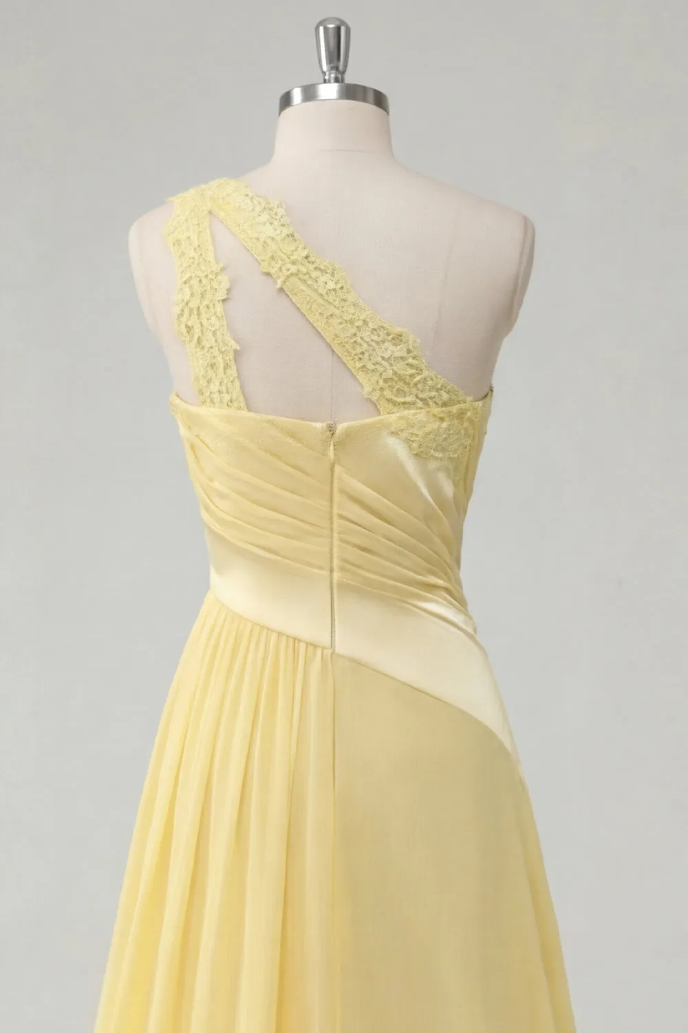 A-Line Chiffon Butter Yellow One Shoulder Ruched Maxi Dress with Slit sold by Zapaka product image thumbnail 4