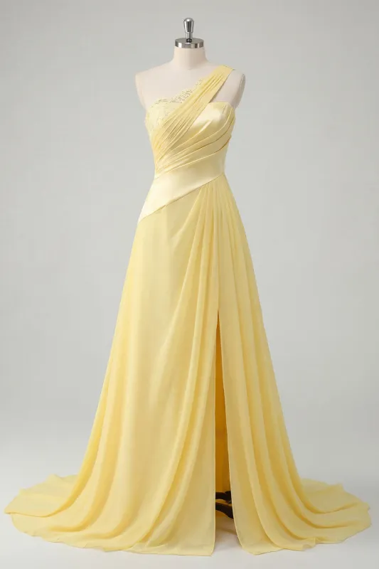 A-Line Chiffon Butter Yellow One Shoulder Ruched Maxi Dress with Slit made by Zapaka
