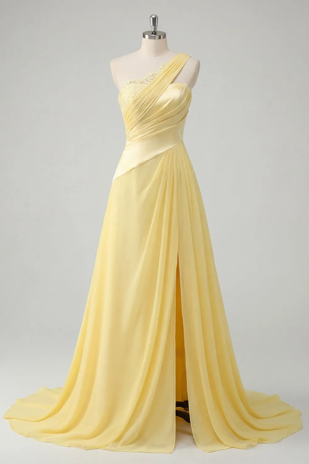 A-Line Chiffon Butter Yellow One Shoulder Ruched Maxi Dress with Slit sold by Zapaka