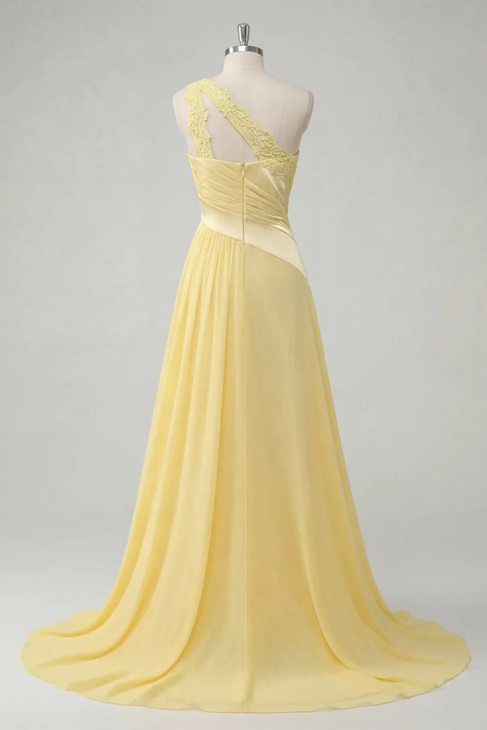 A-Line Chiffon Butter Yellow One Shoulder Ruched Maxi Dress with Slit sold by Zapaka product image thumbnail 2