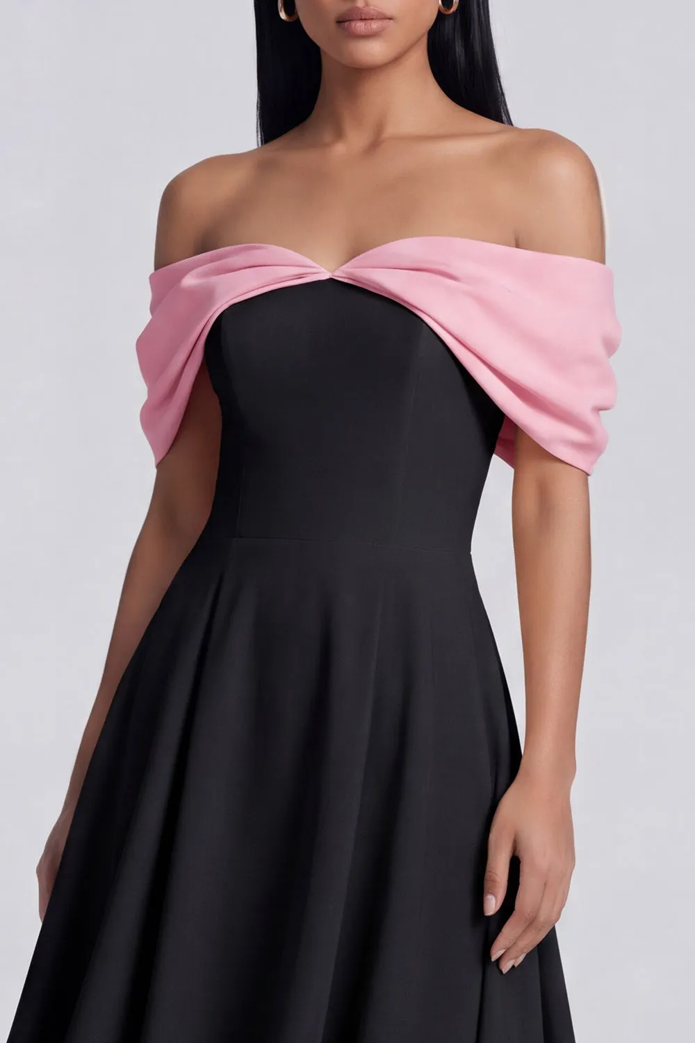 Black A-Line Off the Shoulder Ruched Midi Dress sold by Zapaka product image thumbnail 4