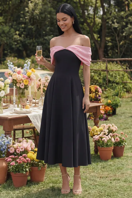 Black A-Line Off the Shoulder Ruched Midi Dress made by Zapaka