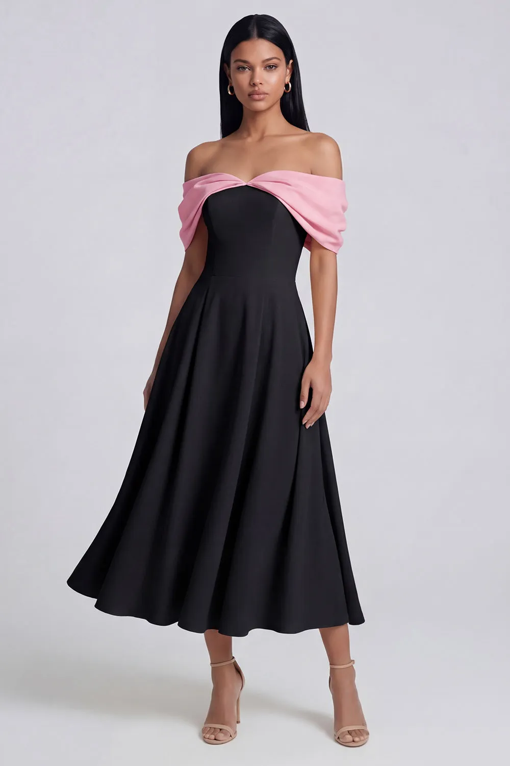 Black A-Line Off the Shoulder Ruched Midi Dress sold by Zapaka product image thumbnail 3