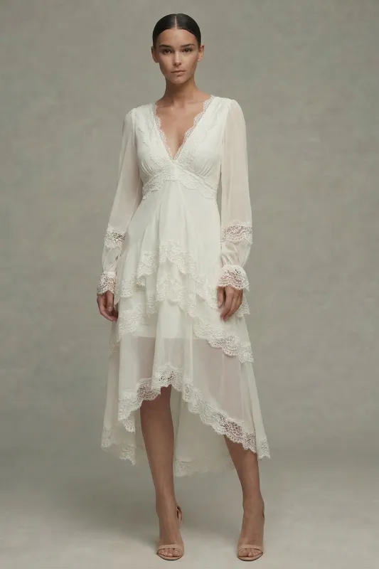 White A Line V-Neck Ruffled Midi Engagement Dress with Lace made by Zapaka