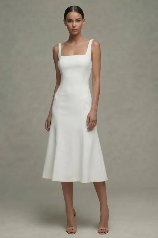 White A Line Satin Square Neck Midi Rehearsal Dinner Dress made by Zapaka